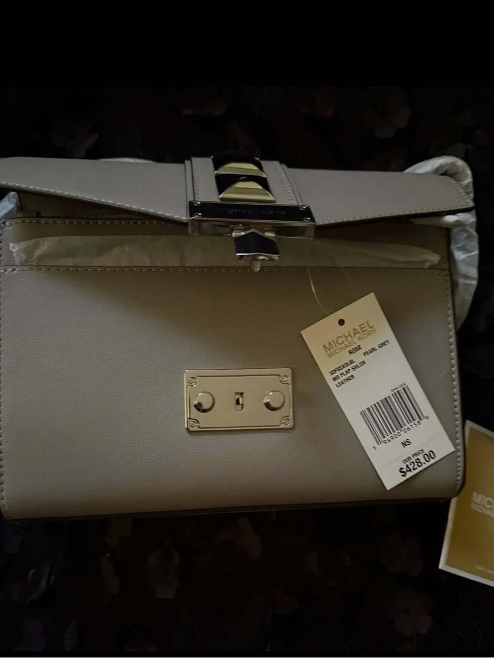 Michael Kors Pearl Gray Leather Shoulder Bag with Silver Pyramid Hardware